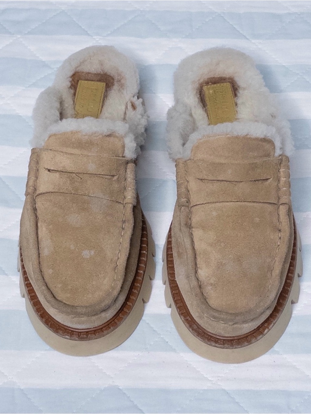 Pedro Garcia Shearling Lined Suede Lug Sole Mule Clogs Alpaca Tan Eu 37 Size 7